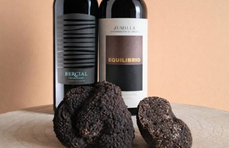 Primer plano de trufa negra fresca junto a copas de vino tinto en Finca Calderón durante el evento de trufiturismo.